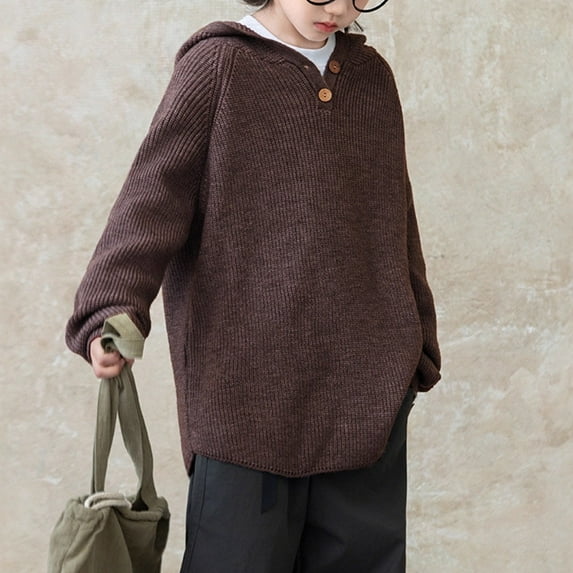 MAIHAN-Boys' Hooded Knitted Sweater (Autumn & Winter) - Kids' Cotton - blend Outerwear Knitted Top, Big Kids' Casual Warm Top for Winter(Coffee,4-5Years)