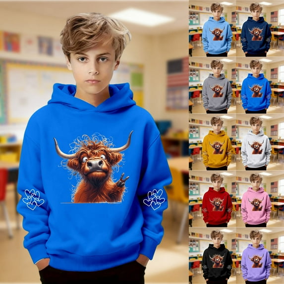 MAIHAN Boys Hoodies Girls Highland Cow Christmas Hoodies Sherpa Lined Cute Long Sleeve Pullover Xmas Western Sweatshirt Tops(Sky Blue,9-10 Years)