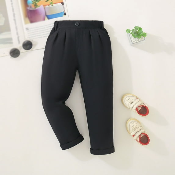 MAIHAN-Boys Korean Style Dress Pants | Solid Color Flat Front Casual Trousers with Button & Pockets | Tailored Fit for Special Occasions, School(Black,7-8Years)
