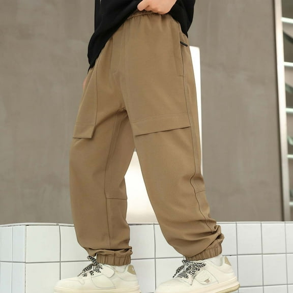 MAIHAN-Boys' All - Season Cargo Pants , Cargo Jogger Pants, Elastic Waist Casual Sweatpants, Teenage Relaxed Pants with Pockets, School Casual Trousers(Khaki,9-10Years)
