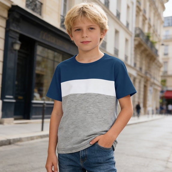 MAIHAN Boys Shirts Short Sleeve Crewneck Color Block Striped Shirt Loose Fit Casual Summer Top for Boys Girls(Navy,3-4 Years)