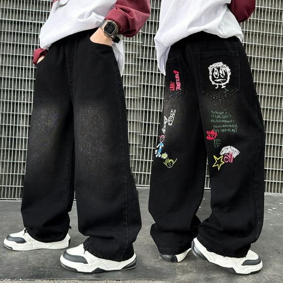 MAIHAN-Boys Streetwear Cargo Pants with Print, Loose Straight Leg Elastic Waist Trousers for Kids Age 4-12,Comfort Fit for -Hop, School, Skateboarding, Casual Daily Wear(Black2,4-5Years)