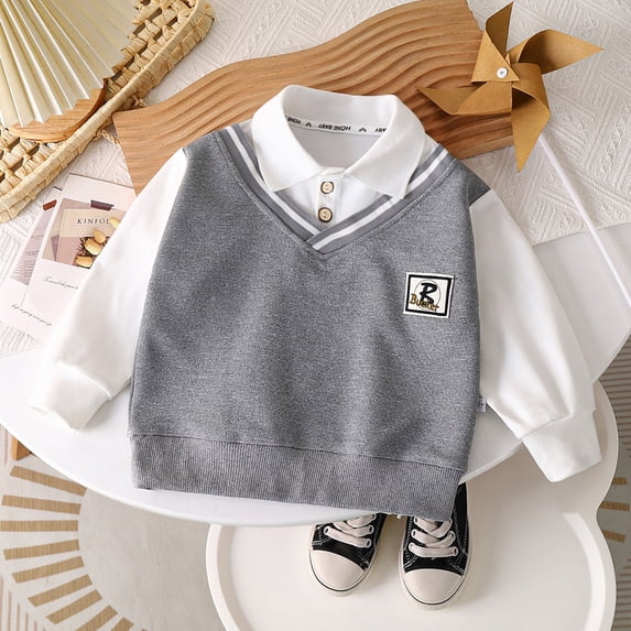 MAIHAN-Boys V Neck Sweater, Kids Pullover Shirt, School Outfit Top, Long Sleeve Polo Shirt, Fall Boys Clothing(Grey,3-4Years)
