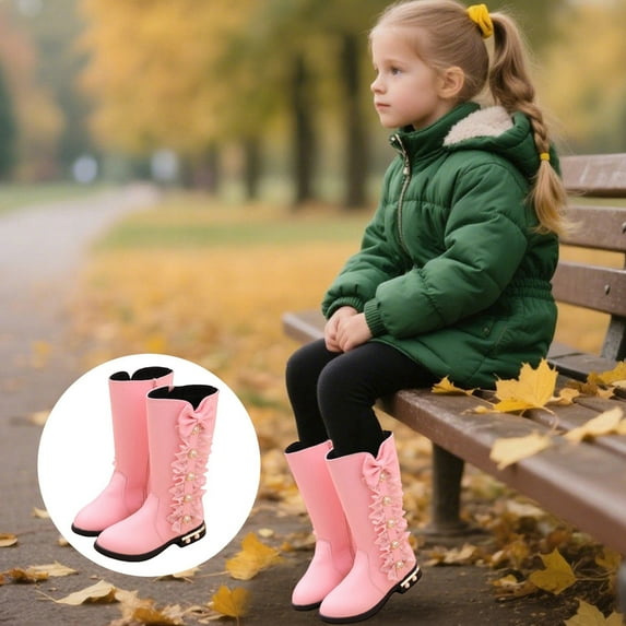 MAIHAN-CGirls Fashion Mid Calf Boots with Soft Lining Winter Warm Footwear Side Zipper Bow Detail Casual Shoes for 4-11 Years(Pink,15.5)