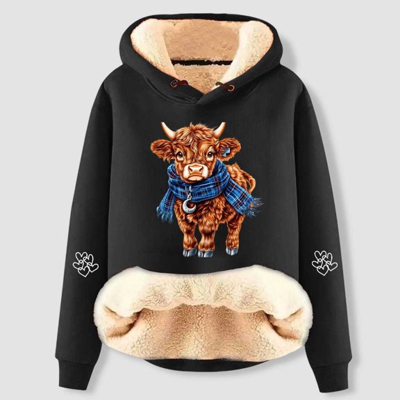 MAIHAN-Christmas Highland Cow Print Thickened Sherpa Hoodie,Women's Hooded Sweatshirt Thickened Velvet Cardigan, Autumn and Winter Warm and Stylish Christmas Apparel(D-Black,XXL)