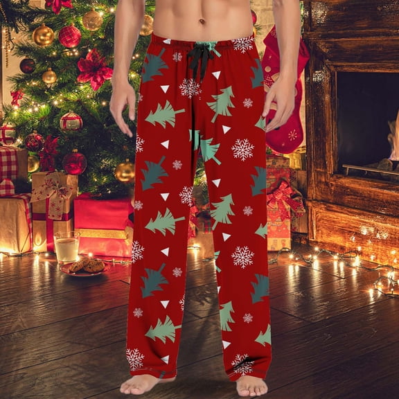 MAIHAN-Christmas Men's Pajama Pants with Funny Print Comfy Soft Pj Pants Xmas Winter Holiday Pajama Pants Sleep Bottoms Loungewear, Drawstring & Pockets Lounge Pants(I-Red,L)