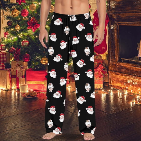 MAIHAN-Christmas Men's Pajama Pants with Funny Print Comfy Soft Pj Pants Xmas Winter Holiday Pajama Pants Sleep Bottoms Loungewear, Drawstring & Pockets Lounge Pants(F-Black,XXL)