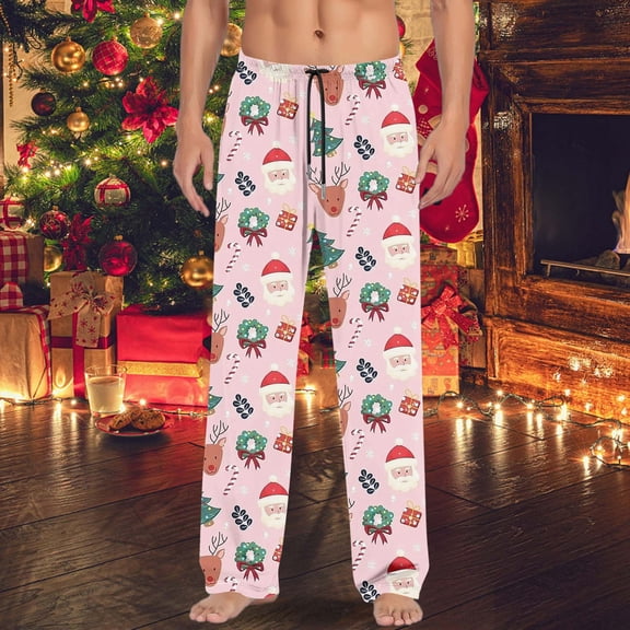 MAIHAN-Christmas Men's Pajama Pants with Funny Print Comfy Soft Pj Pants Xmas Winter Holiday Pajama Pants Sleep Bottoms Loungewear, Drawstring & Pockets Lounge Pants(C-Light Pink,S)