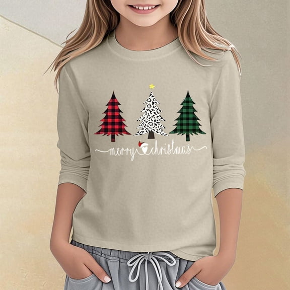 MAIHAN-Christmas Tops - 3/4 Length Sleeve Womens Tops Funny Cute Christmas Graphic Tshirts Holiday Pullover Top,Soft Casual Shirt for Holiday Parties and Everyday Play(D-Khaki,3-4Years)