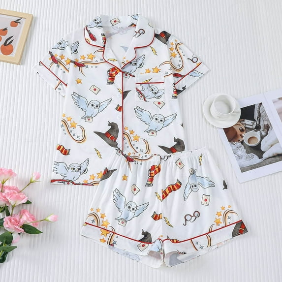 MAIHAN Cute Pjs for Women Short Sleeve Silky Pj Short Set Summer Soft Pajamas Set Button Down Short Sleeve with Ruffle Shorts Pjs with Lounge Summer Shorts Set(White#02,L)