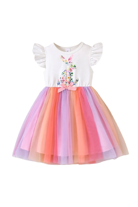 MAIHAN Easter Dresses for Toddler Girls Flutter Sleeve Cute Bunny Bow Knot Pageant Baptism Dresses Fit Flare Tulle Tutu Party Birthday Holiday Casual Embroidery Floral Party Dress