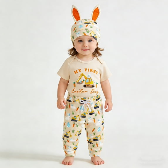 MAIHAN Easter Outfit Toddler Boy Girl 3Pcs Outfit Short Sleeve Romper Cute Pattern Pants Hat Summer Clothes(Yellow,12_18 Months)