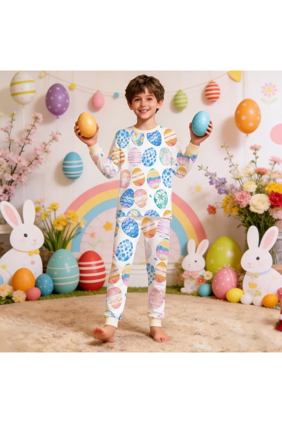 Easter Pajamas Kids Girls Pajama Boys Long Sleeve Top and Pants Set, Soft Sleepwear for Holiday Family Matching Loungewear(Multicolour,8-9 Years)