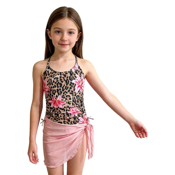 MAIHAN Girl's One Piece Swimsuit with Cover Up Skirt Floral Leopard Print Ruched Bathing Suit, High Waist Tankini Top and Detachable Ruffle Skirt(Multicolour,10-11 Years)