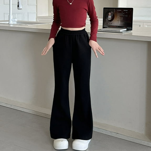 MAIHAN-Girls' Casual Knit Flared Sweatpants (Spring & Autumn)|Soft Stretchy Micro-Flared Leggings with Elastic Waist|Casual Comfortable Sweatpants for School, Play & Daily Wear(Black,11-12Years)