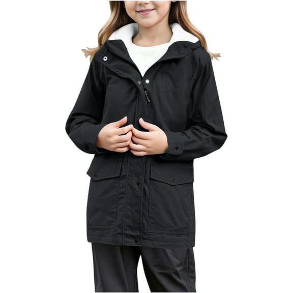 MAIHAN-Girls Fleece Lined Rain Jacket Zip Up Coat , Waterproof Windbreaker Hooded Jacket for Outdoor Hiking Camping, Winter Warm Outwear Windproof Softshell Coat for Kids(Black,13-14Years)