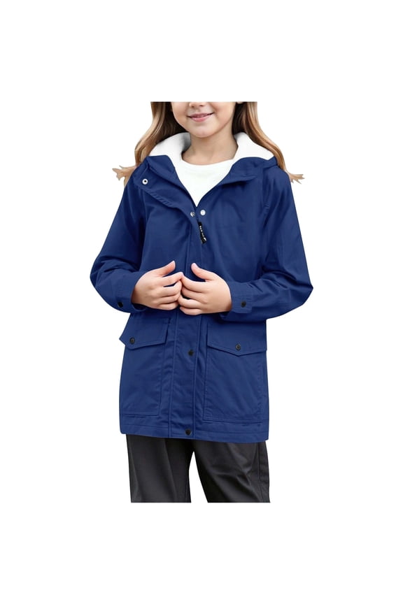 -Girls Lined Rain Jacket Zip Up Coat , Waterproof Windbreaker Hooded Jacket for Outdoor Hiking Camping, Winter Warm Outwear Windproof Softshell Coat for Kids(Navy,13-14Years)