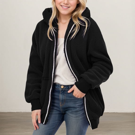 MAIHAN-Girls' Fleece Zip - Up Hoodie - Casual Warm Long - Sleeve Coat for Fall & Winter,Fleece Jacket(Black,9-10Y)