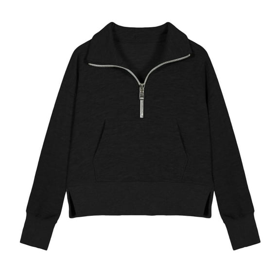 MAIHAN Girls Half Zip Cropped Sweatshirt - Preppy Stand Collar Pullover with Thumb Holes, Solid-Color Sweatshirt,Athletic Long Sleeve Top for Teen Girls Winter Casual Wear-Black,5-6 Years