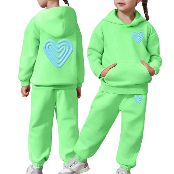 MAIHAN-Girls Heart Print 2PC Tracksuit Cotton Outfit Sweatshirts Sweatpants Set Youth Girls Pullover Casual Hooded Tops Pants Tracksuits,Matching Hoodie & Pants Set(Green3,4-5Years)