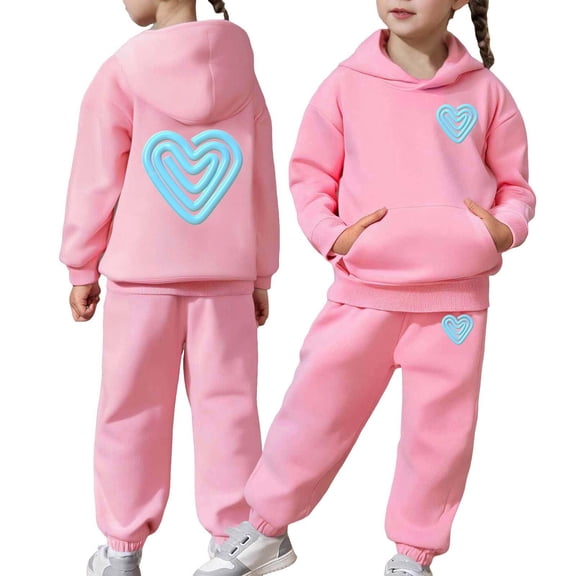 MAIHAN-Girls Heart Print 2PC Tracksuit Cotton Outfit Sweatshirts Sweatpants Set Youth Girls Pullover Casual Hooded Tops Pants Tracksuits,Matching Hoodie & Pants Set(Pink3,2-3Years)