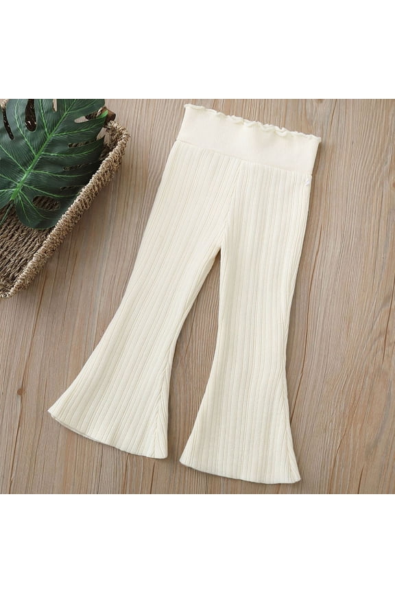 -Girls High Waist Flare Leg Pants | Korean Style Knit Trousers for Toddler Kids Age 2-8 | Winter Warm Stretchy Soft Casual Pants | Everyday Outfit for School & Play(Beige,3-4Years)