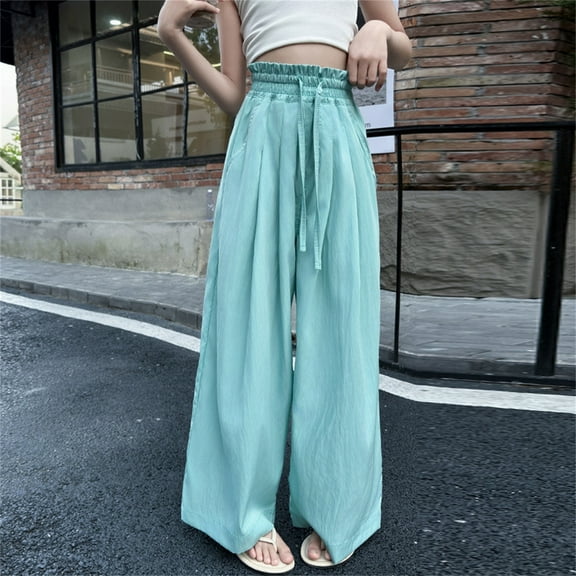 MAIHAN-Girls Ice Silk Wide Leg Pants | Soft Lightweight Summer Trousers with Elastic Waist | Flowy Loose Fit for Casual & Outdoor Wear(Sky Blue,11-12Years)