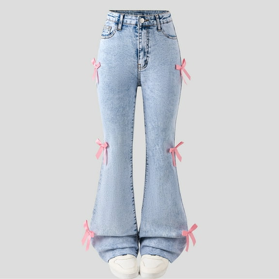 MAIHAN-Girls Jeans Flare/Bell Bottom Bow Jeans for Teen High Waist Cute Stretch Tween Denim Pants 7-12 Y,Baggy Jeans for Woman Teen Girls(Blue,9Y)
