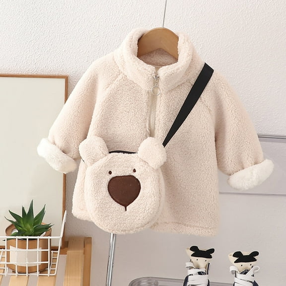 MAIHAN-Girls Lapel Collar Jacket with Bear Bag, Toddler Fuzzy Zip-Up Coat for Fall & Winter, Soft Shaggy Full Zip Outerwear for Baby & Kids,Baby Winter Coat(Beige,12-18Months)