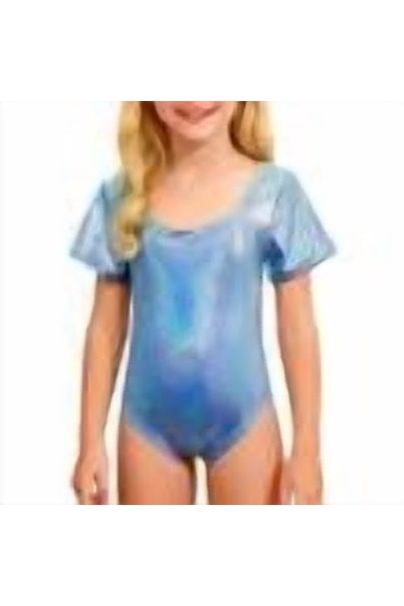 -Girls Latin Gymnastics Leotard - Sparkling Sequin Short Sleeve Unitard, Performance Training Costume for Kids, Stretch Fabric for Competition, Stage Shows and Daily Practice(Blue,110)