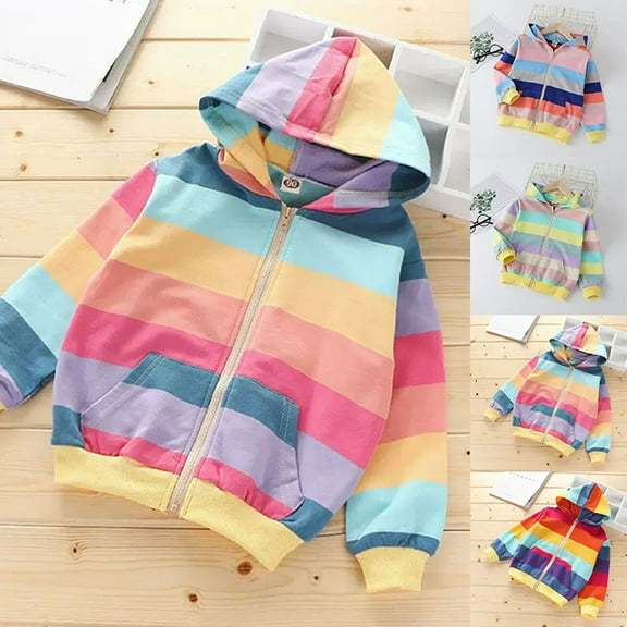 MAIHAN-Girls Rainbow Striped Zip Up Hoodie - Long Sleeve Patchwork Sweatshirt Jacket for Toddler Kids, Soft Lightweight Fall Winter Coat for Casual Daily Wear, Outdoor Sports(Pink,2-3Years)