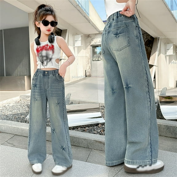 MAIHAN-Girls Retro Wide Leg Jeans with Embossed Pleats | Straight Leg Denim Pants for Kids | Comfortable Stretchable Casual Trousers for Everyday Wear(Blue,6-7Years)