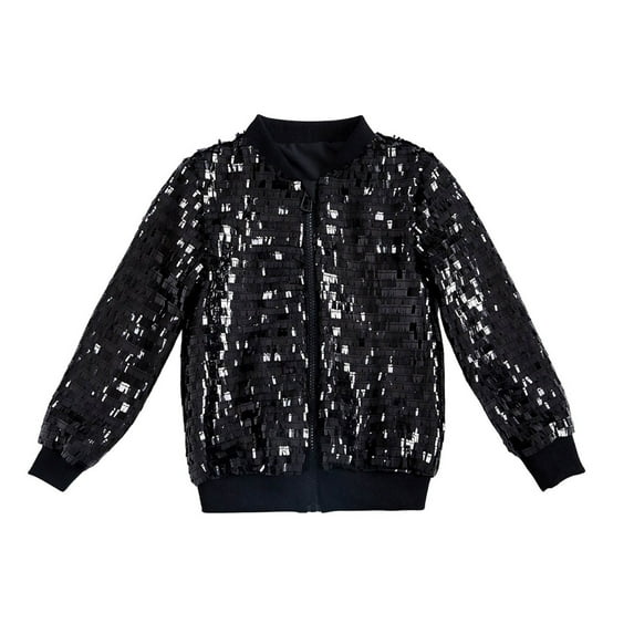 MAIHAN-Girls' Sequin Zip - Up Jacket - Solid Color Long - Sleeve Shiny Fashion Coat for Kids (Christmas & More Occasions)(Black,2-4Years)