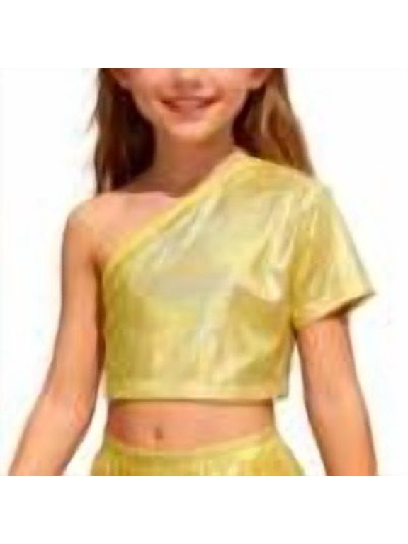 -Girls Off Shoulder Polka Dot Crop Sequin Top - One Shoulder Sleeveless Dance Shirt for Kids, Soft Breathable Fabric, for Daily Wear, Dance Practice and Party Occasions(Gold,110ï¼