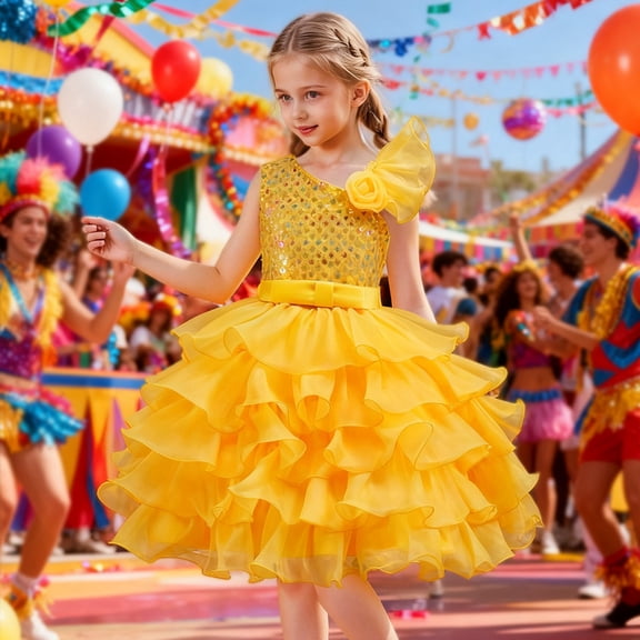 MAIHAN-Girls Off Shoulder Sequin Tiered Dress - Short Tutu Skirt with Sparkling Details, Party Mini Dress for Birthday & Celebrations(StyleD-Yellow,11-12Years)