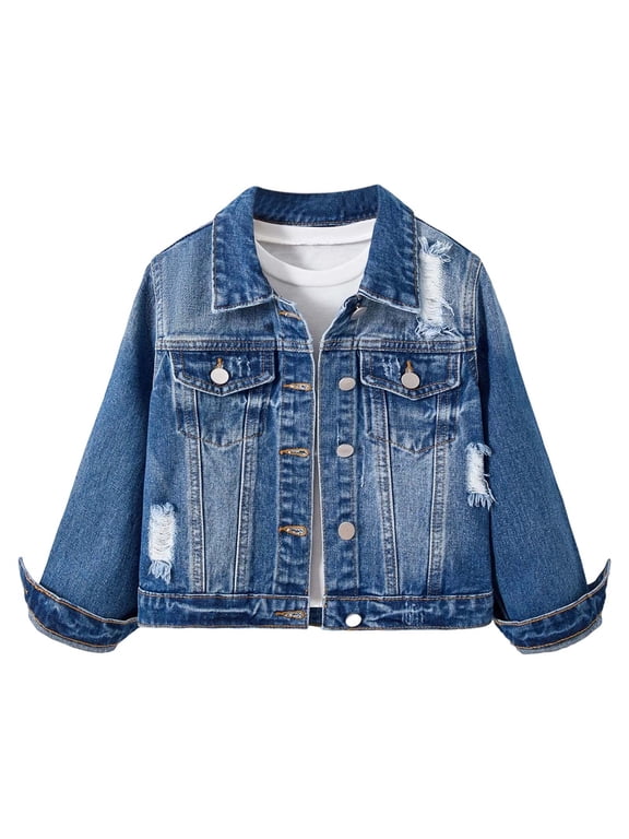-Girls' Stylish Distressed Denim Jacket - Distressed Denim Jacket for Girls, Notched Collar Coat with Ripped Design, Fashion Jean Jacket for Preteens & Teens, Casual Outerwear(Blue,7Y)