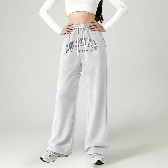 MAIHAN Girls Sweatpants Letter Print Casual Wide Leg Pants Loose Fit Straight Leg Trousers for Youth Urban Street Style Baggy Pants(White,8-9 Years)