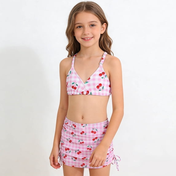 MAIHAN Girls Swimsuits Cherry Print Bikini 3 Piece Set, Bikini Swimsuits Padded Tankini Top and Skirt Shorts, Swimsuits for Teens(Pink,8-9 Years)