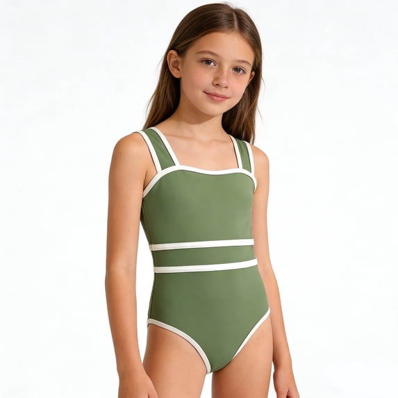 MAIHAN Girls Swimsuits,Striped Tank One Piece Swimsuit,Kids Full Coverage Swimsuit,Casual Beach Swimwear Swimsuits for Teens(Green,9-10 Years)