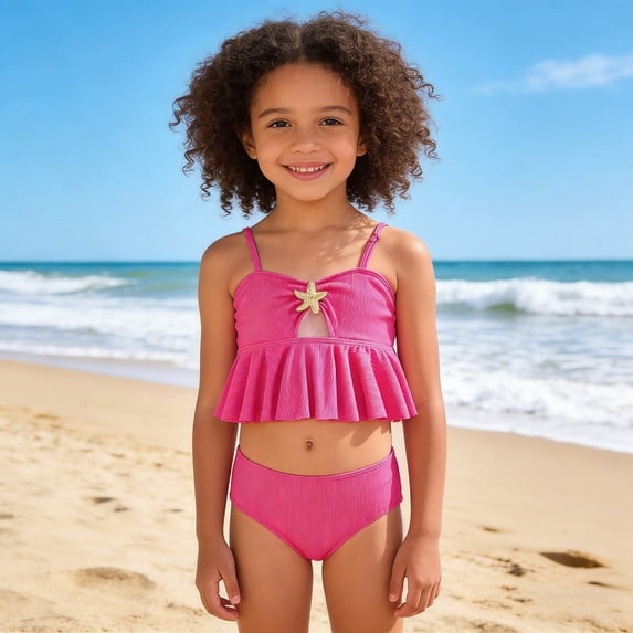 MAIHAN Girls Two Piece Swimsuits Strappy Starfish Embellished Tankini Top with Solid Bikini Bottom Cute Beach Swimsuit(Red,4-5 Years)
