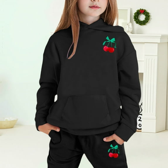 MAIHAN-Girls Winter Hoodie & Joggers Set 2-13 Years, Winter Hoodie and Pants 2-Piece Outfit, Cozy Warm Lined Sweatsuit for Boys and Girls(Black2,10-11Years)