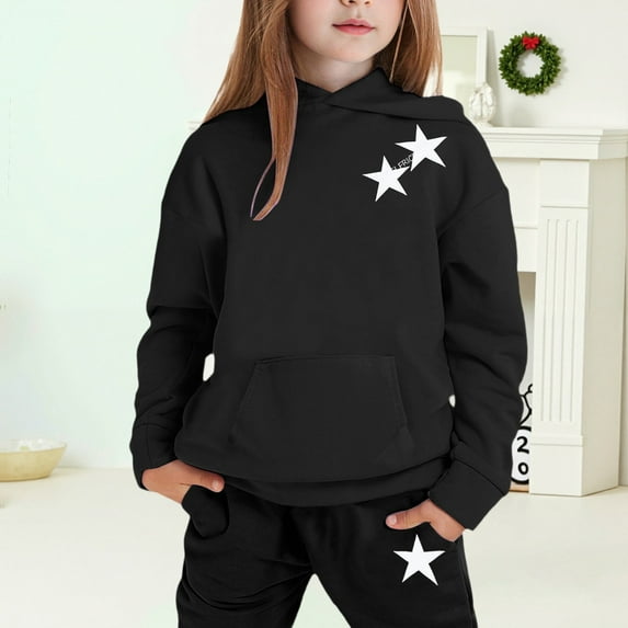MAIHAN-Girls Winter Hoodie & Joggers Set 2-13 Years, Winter Hoodie and Pants 2-Piece Outfit, Cozy Warm Lined Sweatsuit for Boys and Girls(Black3,8-9Years)
