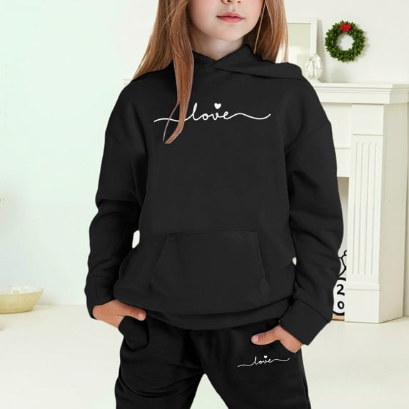 MAIHAN-Girls Winter Hoodie & Joggers Set 2-13 Years, Winter Hoodie and Pants 2-Piece Outfit, Cozy Warm Lined Sweatsuit for Boys and Girls(Black7,10-11Years)