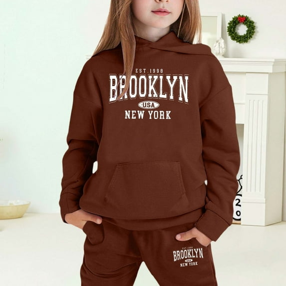 MAIHAN-Girls Winter Hoodie & Joggers Set 2-13 Years, Winter Hoodie and Pants 2-Piece Outfit, Cozy Warm Lined Sweatsuit for Boys and Girls(Brown11,4-5Years)