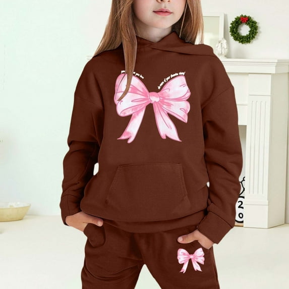 MAIHAN-Girls Winter Hoodie & Joggers Set 2-13 Years, Winter Hoodie and Pants 2-Piece Outfit, Cozy Warm Lined Sweatsuit for Boys and Girls(Brown4,6-7Years)