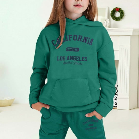 MAIHAN-Girls Winter Hoodie & Joggers Set 2-13 Years, Winter Hoodie and Pants 2-Piece Outfit, Cozy Warm Lined Sweatsuit for Boys and Girls(Dark Green10,3-4Years)