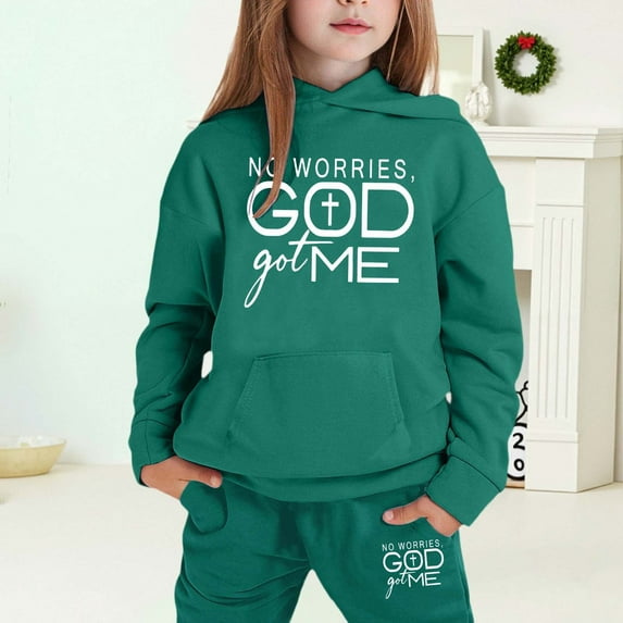 MAIHAN-Girls Winter Hoodie & Joggers Set 2-13 Years, Winter Hoodie and Pants 2-Piece Outfit, Cozy Warm Lined Sweatsuit for Boys and Girls(Dark Green12,6-7Years)