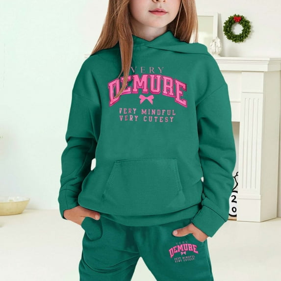 MAIHAN-Girls Winter Hoodie & Joggers Set 2-13 Years, Winter Hoodie and Pants 2-Piece Outfit, Cozy Warm Lined Sweatsuit for Boys and Girls(Dark Green6,4-5Years)
