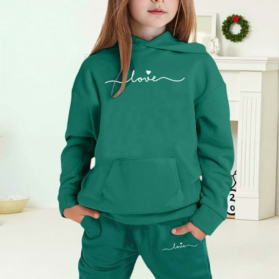 MAIHAN-Girls Winter Hoodie & Joggers Set 2-13 Years, Winter Hoodie and Pants 2-Piece Outfit, Cozy Warm Lined Sweatsuit for Boys and Girls(Dark Green7,12-13Years)