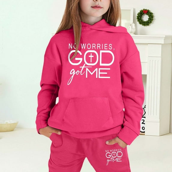 MAIHAN-Girls Winter Hoodie & Joggers Set 2-13 Years, Winter Hoodie and Pants 2-Piece Outfit, Cozy Warm Lined Sweatsuit for Boys and Girls(Hot Pink12,2-3Years)